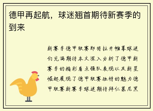 德甲再起航，球迷翘首期待新赛季的到来